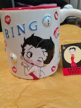 Betty Boop White and Red Bingo Ceramic Mug with Kiss Accents
